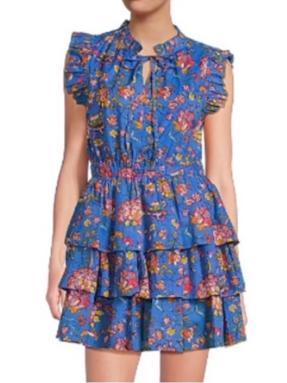 Ro’s Garden Sz XL Blue Floral Bimba Mini Dress Ruffled Tiered Skirt Cottagecore